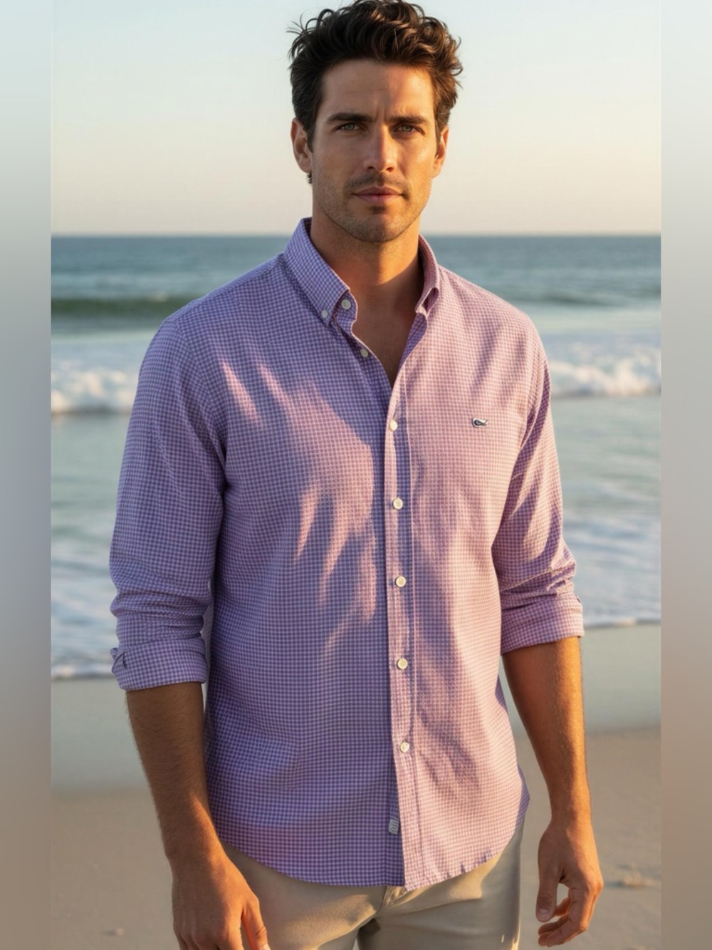 Vineyard Vines Performance Lavender Gingham Button-Down Shirt Size XL